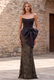 Black Corset Mermaid Strapless Sequin Long Prom Dress with Bow