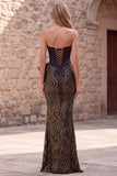 Black Corset Mermaid Strapless Sequin Long Prom Dress with Bow