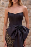 Black Corset Mermaid Strapless Sequin Long Prom Dress with Bow