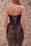 Black Corset Mermaid Strapless Sequin Long Prom Dress with Bow