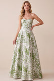 Floral Sage Green Corset A Line Strapless Prom Dress with Lace-up Back