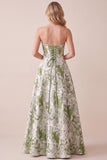 Floral Sage Green Corset A Line Strapless Prom Dress with Lace-up Back