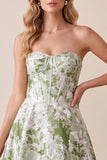 Floral Sage Green Corset A Line Strapless Prom Dress with Lace-up Back