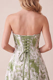 Floral Sage Green Corset A Line Strapless Prom Dress with Lace-up Back