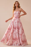 Strapless Pink Floral A Line Sequin Prom Dress with Lace-up Back