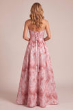 Strapless Pink Floral A Line Sequin Prom Dress with Lace-up Back