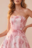 Strapless Pink Floral A Line Sequin Prom Dress with Lace-up Back