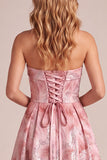 Strapless Pink Floral A Line Sequin Prom Dress with Lace-up Back