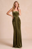 Olive Strapless Corset Ruched Sheath Velvet Formal Dress