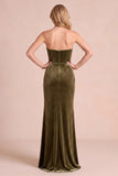 Olive Strapless Corset Ruched Sheath Velvet Formal Dress