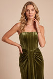 Olive Strapless Corset Ruched Sheath Velvet Formal Dress