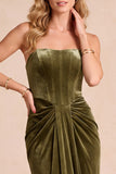 Olive Strapless Corset Ruched Sheath Velvet Formal Dress