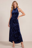 Navy Floral Cowl Neck Twist Knot Velvet Semi-Formal Dress