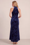 Navy Floral Cowl Neck Twist Knot Velvet Semi-Formal Dress