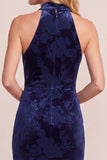 Navy Floral Cowl Neck Twist Knot Velvet Semi-Formal Dress