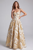 Champagne Jacquard Corset A Line Prom Dress with Lace-up Back
