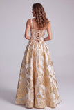 Champagne Jacquard Corset A Line Prom Dress with Lace-up Back