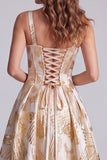 Champagne Jacquard Corset A Line Prom Dress with Lace-up Back