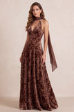 Brown Halter A Line Burnout Velvet Bridesmaid Dress with Scarf