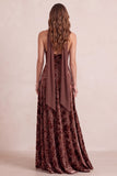 Brown Halter A Line Burnout Velvet Bridesmaid Dress with Scarf