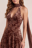 Brown Halter A Line Burnout Velvet Bridesmaid Dress with Scarf