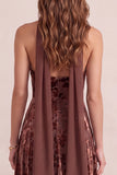 Brown Halter A Line Burnout Velvet Bridesmaid Dress with Scarf