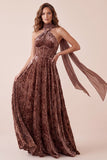 Corset Brown Velvet Burnout Halter A Line Bridesmaid Dress with Scarf