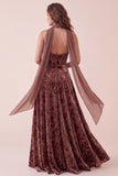Corset Brown Velvet Burnout Halter A Line Bridesmaid Dress with Scarf
