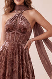 Corset Brown Velvet Burnout Halter A Line Bridesmaid Dress with Scarf