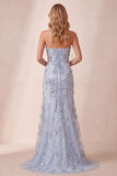 Dusty Blue Strapless Mermaid 3D Flower Sequin Prom Dress with Slit