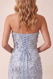 Dusty Blue Strapless Mermaid 3D Flower Sequin Prom Dress with Slit