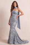 Strapless Dusty Blue Sequin Mermaid Prom Dress with Sash