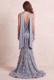 Strapless Dusty Blue Sequin Mermaid Prom Dress with Sash