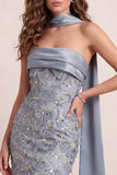Strapless Dusty Blue Sequin Mermaid Prom Dress with Sash