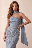 Strapless Dusty Blue Sequin Mermaid Prom Dress with Sash