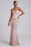 Strapless Pink Corset Mermaid Satin Embroidered Sequin Prom Dress with Pearls