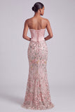 Strapless Pink Corset Mermaid Satin Embroidered Sequin Prom Dress with Pearls