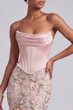 Strapless Pink Corset Mermaid Satin Embroidered Sequin Prom Dress with Pearls