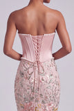 Strapless Pink Corset Mermaid Satin Embroidered Sequin Prom Dress with Pearls