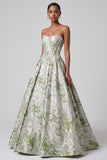 Sage Green Jacquard Strapless Corset Ball Gown Prom Dress with Pearls