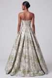 Sage Green Jacquard Strapless Corset Ball Gown Prom Dress with Pearls