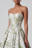 Sage Green Jacquard Strapless Corset Ball Gown Prom Dress with Pearls