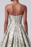 Sage Green Jacquard Strapless Corset Ball Gown Prom Dress with Pearls