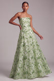Sequin Green A Line Strapless Prom Dress with Lace-up Back