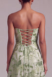Sequin Green A Line Strapless Prom Dress with Lace-up Back