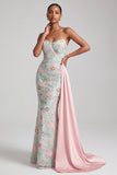 Light Green Floral Embroidered Sequin Mermaid Strapless Prom Dress with Sash