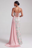 Light Green Floral Embroidered Sequin Mermaid Strapless Prom Dress with Sash