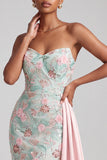 Light Green Floral Embroidered Sequin Mermaid Strapless Prom Dress with Sash