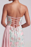 Light Green Floral Embroidered Sequin Mermaid Strapless Prom Dress with Sash