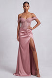Off the Shoulder Dusty Rose Beaded Corset Satin Mermaid Prom Dress with Slit